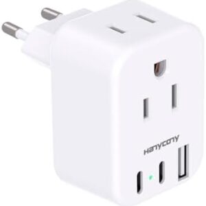 European Travel Plug Adapter USB C, HANYCONY International Plug Adapter, US to Europe Adapter Plug 2 Outlets 3 USB Ports(2 C Port), Type C Power Adapter to Italy Spain France Portugal Iceland Germany
