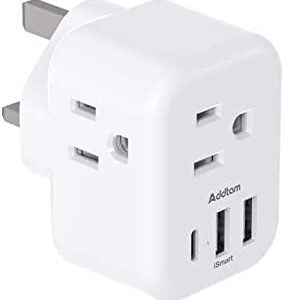US to UK Ireland Plug Adapter, Addtam Type G Power Adapter with 3 AC Outlets and 3 USB(1 USB C), Travel Essentials for USA to Dubai Scotland British London England Hong Kong Irish