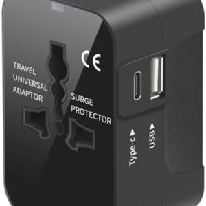 Travel Adapter, Worldwide All in One Universal Travel Adaptor AC Power Plug Adapter Wall Charger with USB-C and USB-A Charging Ports for USA EU UK AUS Black