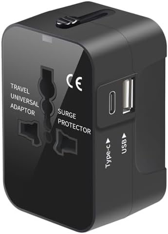 Travel Adapter, Worldwide All in One Universal Travel Adaptor AC Power Plug Adapter Wall Charger with USB-C and USB-A Charging Ports for USA EU UK AUS Black