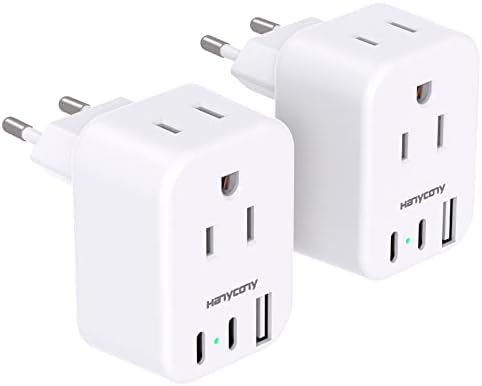 European Travel Plug Adapter for International, HANYCONY Italy Spain Power Adapter 2 Outlets 2 USB C Ports, Type C Adapter Travel Cruise Essentials for US to Most Europe France Germany EU, 2 Pack