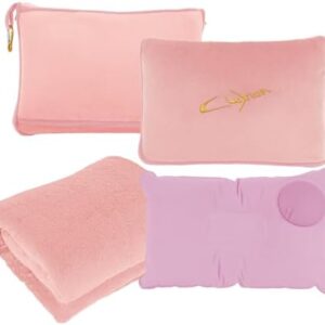 3 in 1 Travel Pillow and Blanket Set, Premium Soft 300 GSM Thick Airplane Blanket Compact with Bag for Long Trips Essentials, Hand Luggage Sleeve and Backpack Clip (Pink)
