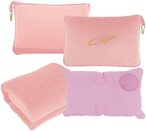 3 in 1 Travel Pillow and Blanket Set, Premium Soft 300 GSM Thick Airplane Blanket Compact with Bag for Long Trips Essentials, Hand Luggage Sleeve and Backpack Clip (Pink)