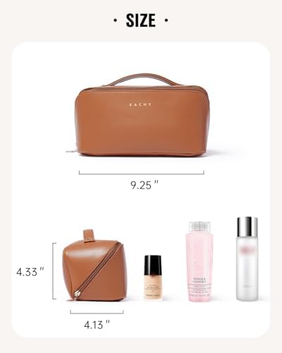 EACHY Travel Makeup Bag,Large Capacity Cosmetic Bags for Women,Waterproof Portable Pouch Open Flat Toiletry Bag Make up Bag with Divider and Handle, Gifts for Women (Brown, Medium) - Image 6