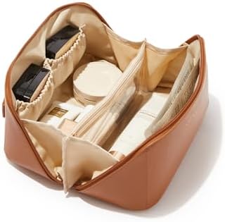 EACHY Travel Makeup Bag,Large Capacity Cosmetic Bags for Women,Waterproof Portable Pouch Open Flat Toiletry Bag Make up Bag with Divider and Handle, Gifts for Women (Brown, Medium)