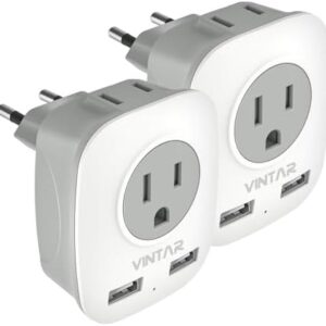 2 Pack European Travel Plug Adapter, VINTAR International Power Plug Adapter with 2 USB Ports,2 American Outlets- 4 in 1 Outlet Adapter,Travel Essentials to Italy,Greece,France, Spain (Type C)