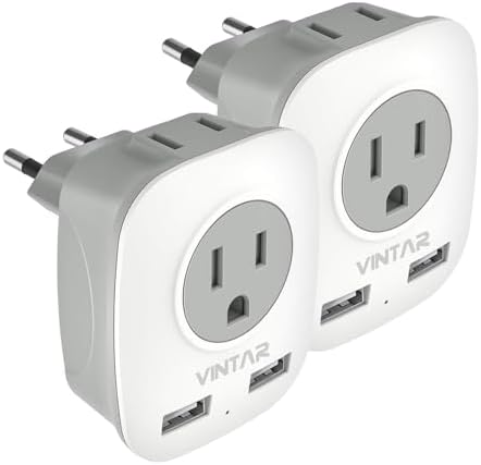 2 Pack European Travel Plug Adapter, VINTAR International Power Plug Adapter with 2 USB Ports,2 American Outlets- 4 in 1 Outlet Adapter,Travel Essentials to Italy,Greece,France, Spain (Type C)