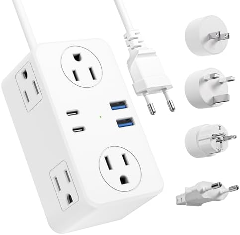 European Travel Plug Adapter, EU/UK/US Travel Plug Adapter Power Strip, 6 AC Outlets, 4 USB Ports (2 USB C), 3ft Wrapped Around Extension Cord, Universal Travel Adapter