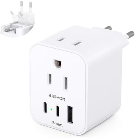 European Travel Plug Adapter, Foldable International Travel Adapter with 2 AC Outlets 3 USB Ports(2 USB C), Type C Plug Adapter Travel Essentials to Most Europe EU Spain Italy France Germany