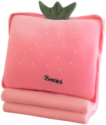 Rikyo 15" Stuffed Fruit Travel Blanket and Pillow Set,3 in 1 Plush Stuffed Hugging Pillow with Warming Hands Pillow Blanket for Kids Gift Travel Airplane Train Bed Office Nap (Pink - Strawberry)