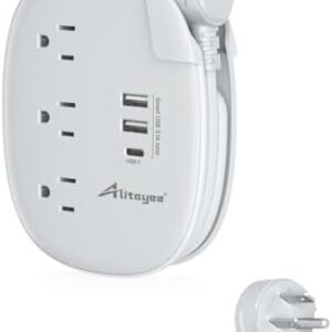 Alitayee USB C Portable Travel Power Strip with 3 Outlets 3 USB Ports Fast Charge, USB Extendable Outlet Extender with Flat Plug and 3ft Wrapped Around Extension Cord for Cruise Travel Home Office