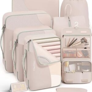 10 Set/8 Set Packing Cubes for Travel, Gifts for Women Mom,Anti-Tearing Suitcase Organizer for Luggage with Shoe & Hanging Toiletry Bag,OlarHike Vacation Essentials & Accessories for Cruise Ship,Cream