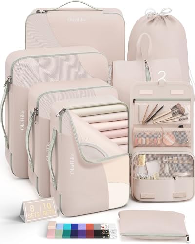 10 Set/8 Set Packing Cubes for Travel, Gifts for Women Mom,Anti-Tearing Suitcase Organizer for Luggage with Shoe & Hanging Toiletry Bag,OlarHike Vacation Essentials & Accessories for Cruise Ship,Cream
