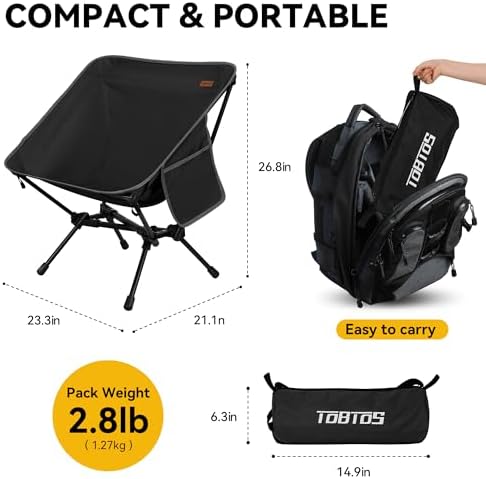 TOBTOS Ultralight Camping Chair, Portable Folding Backpacking Chair, Compact Camping Chair with Carry Bag for Outdoor Camp Hiking Backpack Beach Travel (Black) - Image 3