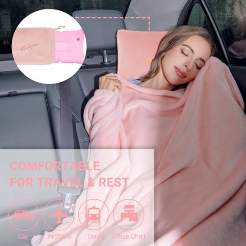 3 in 1 Travel Pillow and Blanket Set, Premium Soft 300 GSM Thick Airplane Blanket Compact with Bag for Long Trips Essentials, Hand Luggage Sleeve and Backpack Clip (Pink) - Image 7