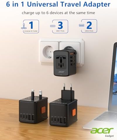 Acer Universal Travel Plug Adapter - International Power Adapter with 5 USB Ports (3 USB C) 5.8A, Worldwide Outlet Charger for USA to European UK France Germany Spain, Type C/E/F/G/I/L/A, Black - Image 3