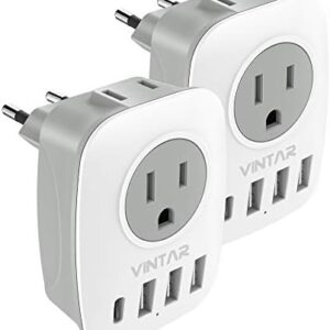 2 Pack European Travel Plug Adapter, VINTAR International Power Plug Adapter with 1 USB C, 2 American Outlets and 3 USB Ports, 6 in 1 Travel Essentials to Most of Europe Greece, Italy(Type C)