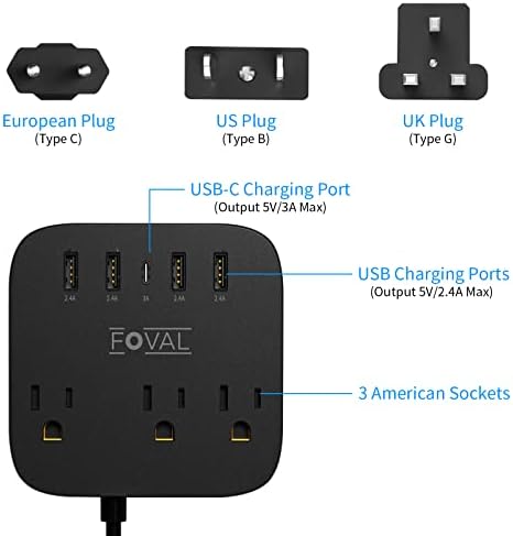 European Travel Plug Adapter, FOVAL EU UK US Power Strip with USB C and 4 USB Ports, 3 AC Outlets, Wall Mountable, 5ft Extension Cord, Compact for Travel, Cruise Ship, Home Office (Black) - Image 3