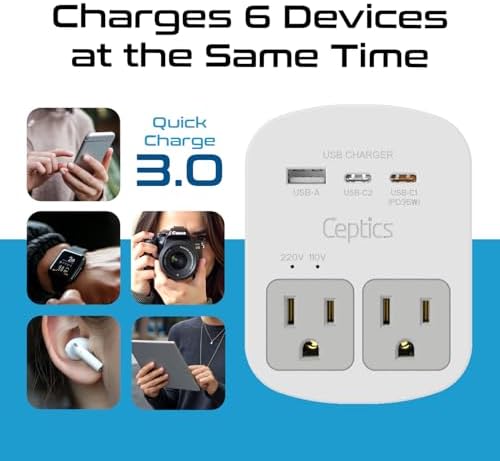 Ceptics Universal Travel Adapter Kit - 2 USB, USB-C Cord+2 US Outlets QC 3.0, Surge Protection, Plugs for Europe, UK, China, Australia, Japan - Perfect for Laptop, Cell Phones, Cameras,Safe ETL Tested - Image 9