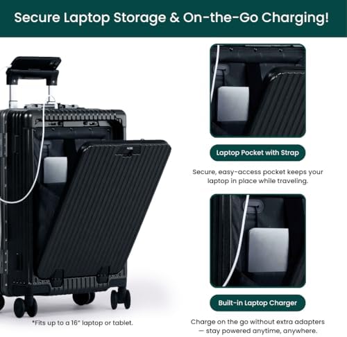 Nobl Travel Carry On Luggage, Noble Zipperless Aluminum Frame PC Hard Shell Suitcase, 23.5x15.5x10 Airline Approved, 360° Spinner Wheels, TSA Locks, USB Charging Port, Cup & Phone Holder - Black - Image 2
