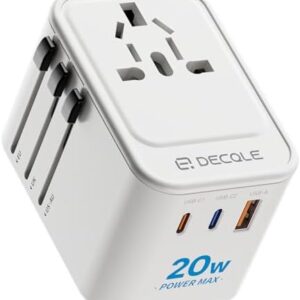 Universal Travel Adapter, International Travel Plug Adapter with 2 USB-C(PD 20W) & 1 USB-A Ports, All in One Portable Adaptor, for USA, UK, EU, AU & 224+ Countries (White) US