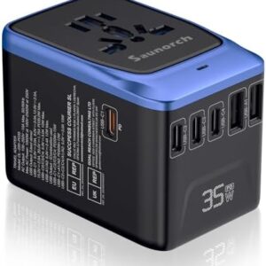 Universal Travel Adapter, PD 35W 7 in 1 International Power Plug Adapter with 7.0A 4 USB-C and 2 USB-A Fast Wall Charger, Worldwide AC Outlet for US Europe UK AUS (Black+Blue)