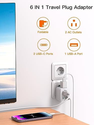 European Travel Plug Adapter, Foldable International Travel Adapter with 2 AC Outlets 3 USB Ports(2 USB C), Type C Plug Adapter Travel Essentials to Most Europe EU Spain Italy France Germany - Image 2