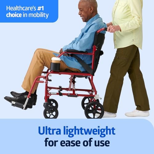 Medline Ultra Lightweight Transport Wheelchair for Adults, Foldable, 19-Inch Seat Width, Red Frame, Black Upholstery - Image 2