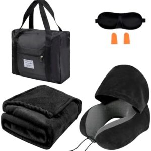 Travel Blanket Pillow Set - Travel Neck Pillow & Blanket for Airplane, Thick Fleece Traval Blanket, Hooded Memory Foam Neck Pillow, Foldable Duffel Bag, Sleep Mask, Earplugs for Plane Travel, Black