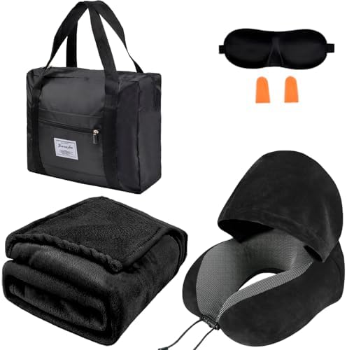 Travel Blanket Pillow Set - Travel Neck Pillow & Blanket for Airplane, Thick Fleece Traval Blanket, Hooded Memory Foam Neck Pillow, Foldable Duffel Bag, Sleep Mask, Earplugs for Plane Travel, Black