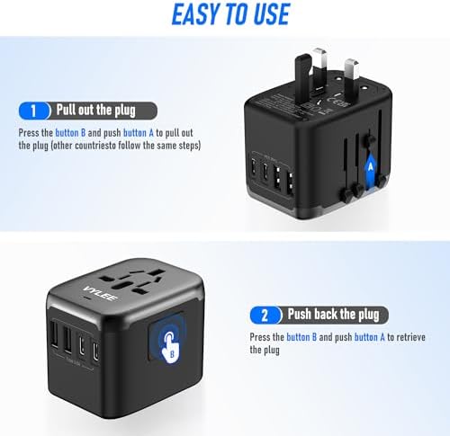 Universal International Power Travel Plug Adapter, 5 in 1 European Travel Plug Adapter W/ 3.5A 2xUSB-A and 2xUSB C Wall Charger and Worldwide AC Outlet for Europe USA UK AUS Asia (Black Grey) - Image 4