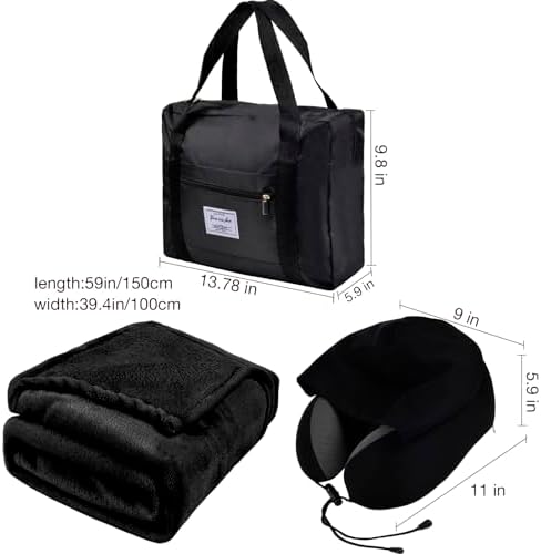 Travel Blanket Pillow Set - Travel Neck Pillow & Blanket for Airplane, Thick Fleece Traval Blanket, Hooded Memory Foam Neck Pillow, Foldable Duffel Bag, Sleep Mask, Earplugs for Plane Travel, Black - Image 2
