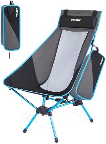 TOURIT Portable Folding Camping Backpack Chair with Head Support, High Back Stable Compact Outdoor Chair for Beach Picnic Travel Hiking, Supports 380 Lbs, Black