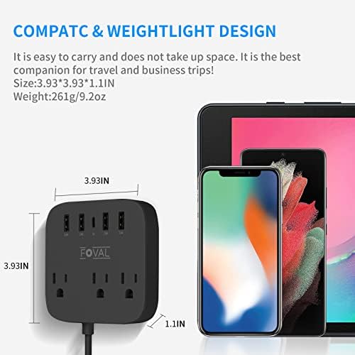 European Travel Plug Adapter, FOVAL EU UK US Power Strip with USB C and 4 USB Ports, 3 AC Outlets, Wall Mountable, 5ft Extension Cord, Compact for Travel, Cruise Ship, Home Office (Black) - Image 6