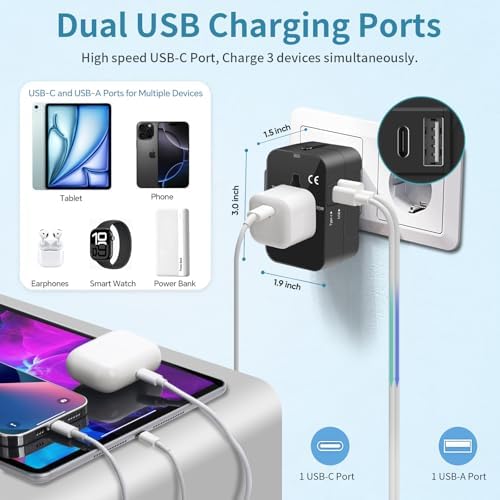 Travel Adapter, Worldwide All in One Universal Travel Adaptor AC Power Plug Adapter Wall Charger with USB-C and USB-A Charging Ports for USA EU UK AUS Black - Image 3