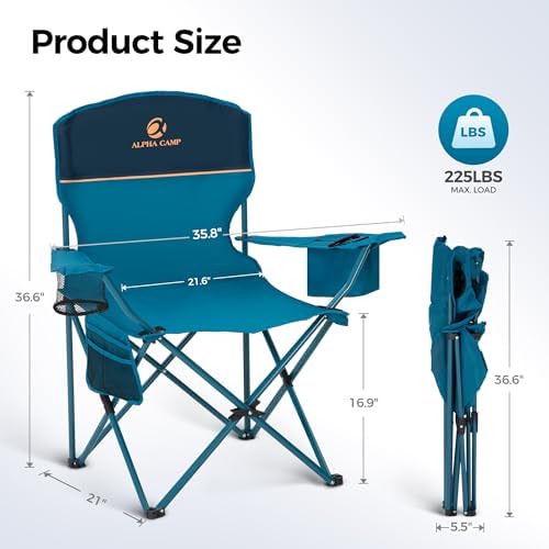 ALPHA CAMP Camping Chair 2 Pack Portable Chair with 3-Can Cooler Folding Chair with Side Pocket and Cup Holder, Collapsible for Camping, Tailgates, Beach, Fishing and Sports,2PC - Image 3