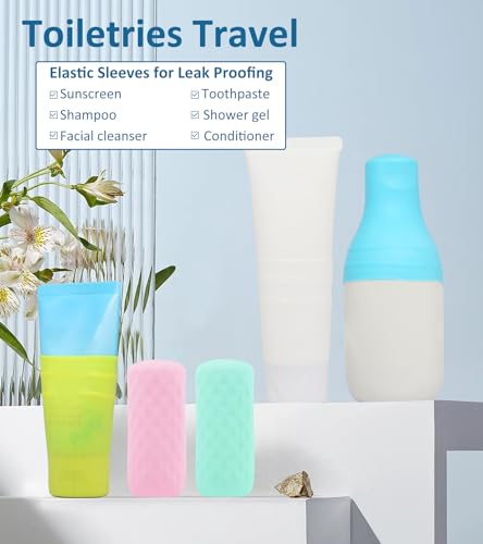 5 Pack Travel Essentials Accessories Silicone Bottle Covers, Cruise Essentials, Beach Vacation Essentials for Women Men, Elastic Sleeves for Leak Proofing, Fit Travel Size Bottles Toiletries - Image 4