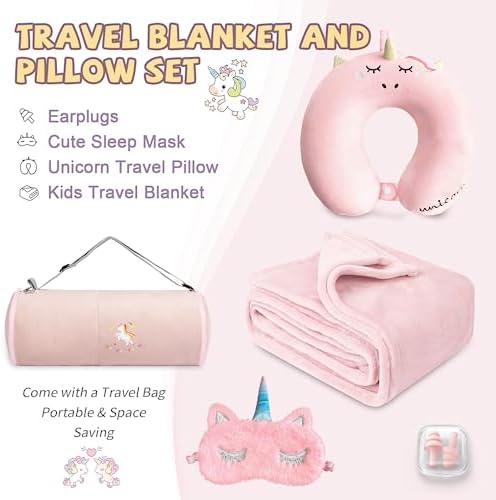 Kids Travel Blanket and Pillow- Premium Soft Pink Airplane Blanket with Adjustable Travel Bag, Hand Luggage Belt Compact Pack Large Blanket for Car, Road Trip, Home Use (60"*40" in) - Image 2