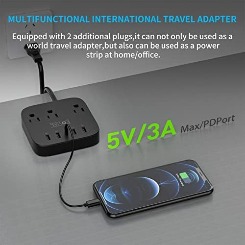 European Travel Plug Adapter, FOVAL EU UK US Power Strip with USB C and 4 USB Ports, 3 AC Outlets, Wall Mountable, 5ft Extension Cord, Compact for Travel, Cruise Ship, Home Office (Black) - Image 5