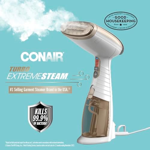 Conair Handheld Garment Steamer for Clothes, Turbo ExtremeSteam 1875W, Portable Handheld Design, Strong Penetrating Steam, White / Champagne - Image 2