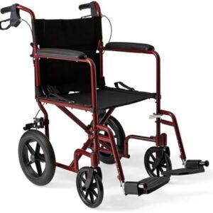 Medline Lightweight Foldable Transport Wheelchair with Handbrakes and 12-Inch Wheels, Red Frame, Black Upholstery