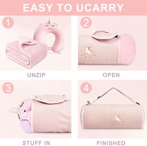 Kids Travel Blanket and Pillow- Premium Soft Pink Airplane Blanket with Adjustable Travel Bag, Hand Luggage Belt Compact Pack Large Blanket for Car, Road Trip, Home Use (60"*40" in) - Image 5