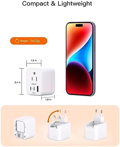 European Travel Plug Adapter, Foldable International Travel Adapter with 2 AC Outlets 3 USB Ports(2 USB C), Type C Plug Adapter Travel Essentials to Most Europe EU Spain Italy France Germany - Image 3