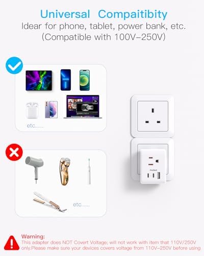 2 Pack US to UK Ireland Travel Plug Adapter, Type G Power Plug Adapter with 3 Outlets 3 USB Ports(2 USB C), European Travel Plug Adapter for USA to England London Scotland British Qatar Irish HongKong - Image 5