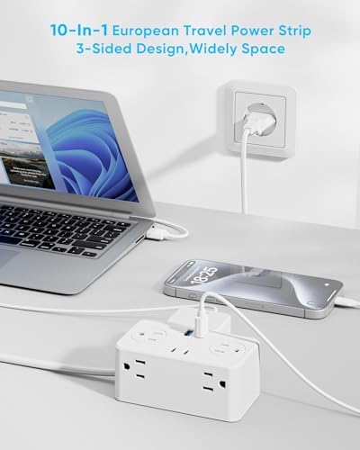 European Travel Plug Adapter, EU/UK/US Travel Plug Adapter Power Strip, 6 AC Outlets, 4 USB Ports (2 USB C), 3ft Wrapped Around Extension Cord, Universal Travel Adapter - Image 5