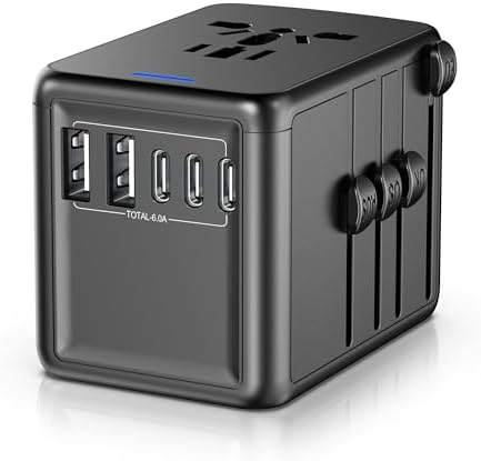 Universal Travel Adapter Offers 6.0A 3X 3.0A USB-C Ports, 2X 2.4A USB-A Ports and Multi AC Outlet, All-in-One International Power Plug Adaptor Worldwide Charger for EU US UK AU 200+ Countries