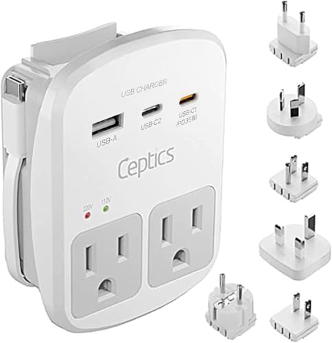 Ceptics Universal Travel Adapter Kit - 2 USB, USB-C Cord+2 US Outlets QC 3.0, Surge Protection, Plugs for Europe, UK, China, Australia, Japan - Perfect for Laptop, Cell Phones, Cameras,Safe ETL Tested