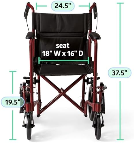 Medline Lightweight Foldable Transport Wheelchair with Handbrakes and 12-Inch Wheels, Red Frame, Black Upholstery - Image 6