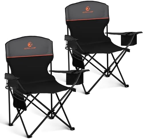 ALPHA CAMP Camping Chair 2 Pack Portable Chair with 3-Can Cooler Folding Chair with Side Pocket and Cup Holder, Collapsible for Camping, Tailgates, Beach, Fishing and Sports,2PC