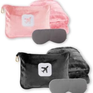 2 Pack Portable Travel Blanket and Pillow - Premium Soft 2 in 1 Airplane Blanket with Compact Pack Soft Bag Pillowcase, Hand Luggage Sleeve and Backpack Clip (Gray+Pink)